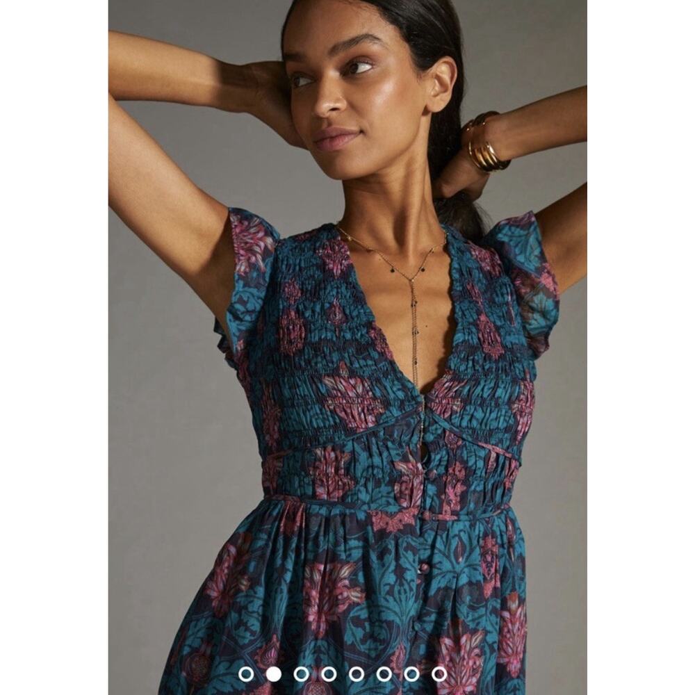 Anthropologie The Peregrine Midi Dress flutter sleeve teal green Motif Large NWT - Picture 3 of 13